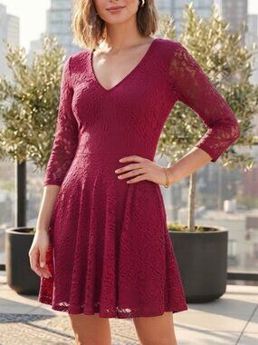 LUSH Burgundy Red V-Neck Fit & Flare Mini Dress XS